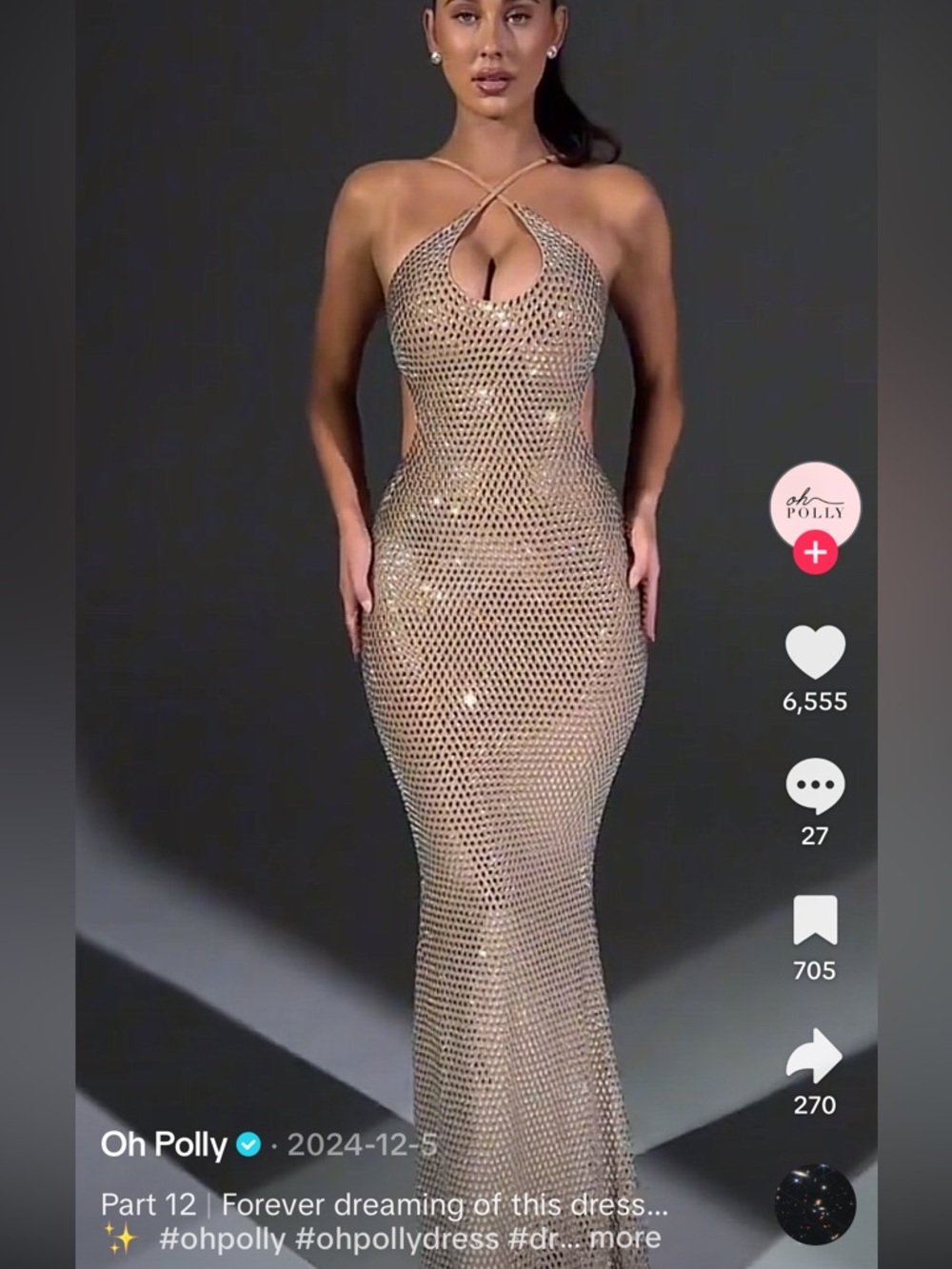 Oh Polly Kassie Dress Metallic Gold Rhinestone Mesh Halter Maxi Dress